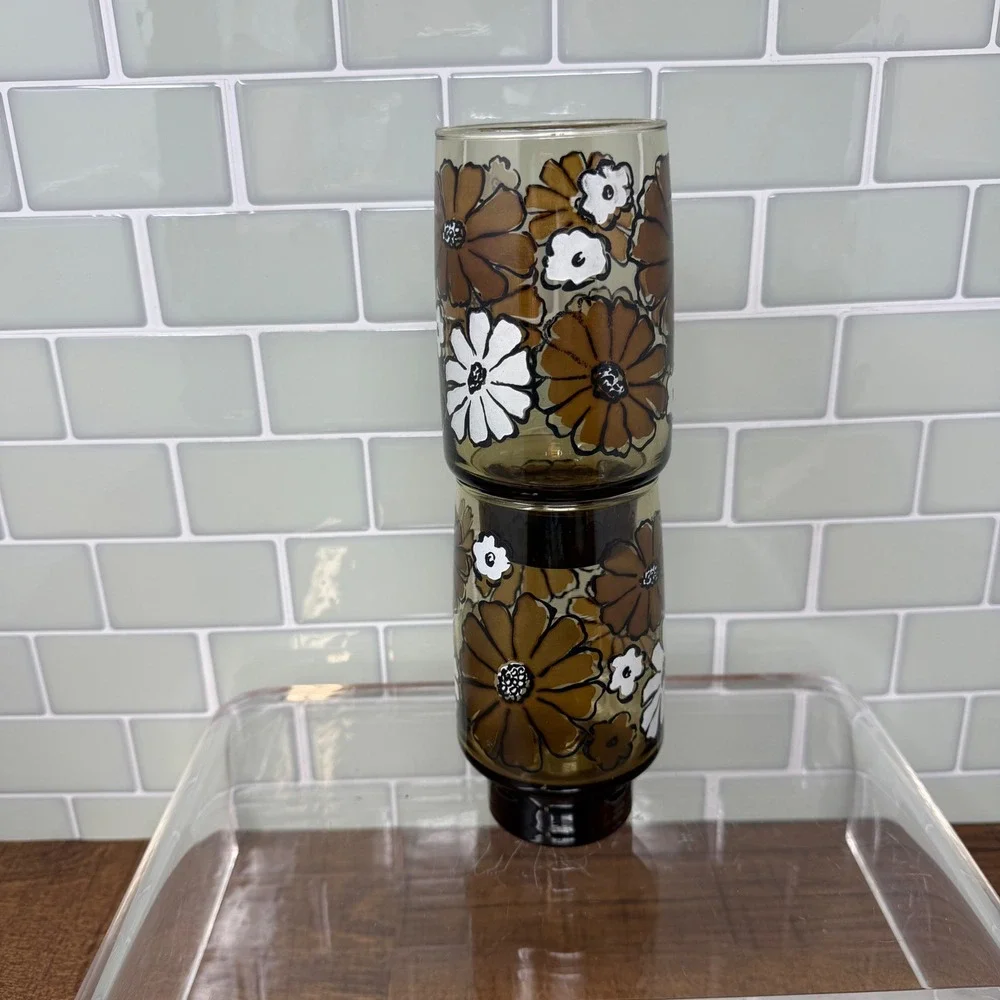 Vintage 1970s Libbey Camellia Tawny Glass Floral Tumblers - Set of 2